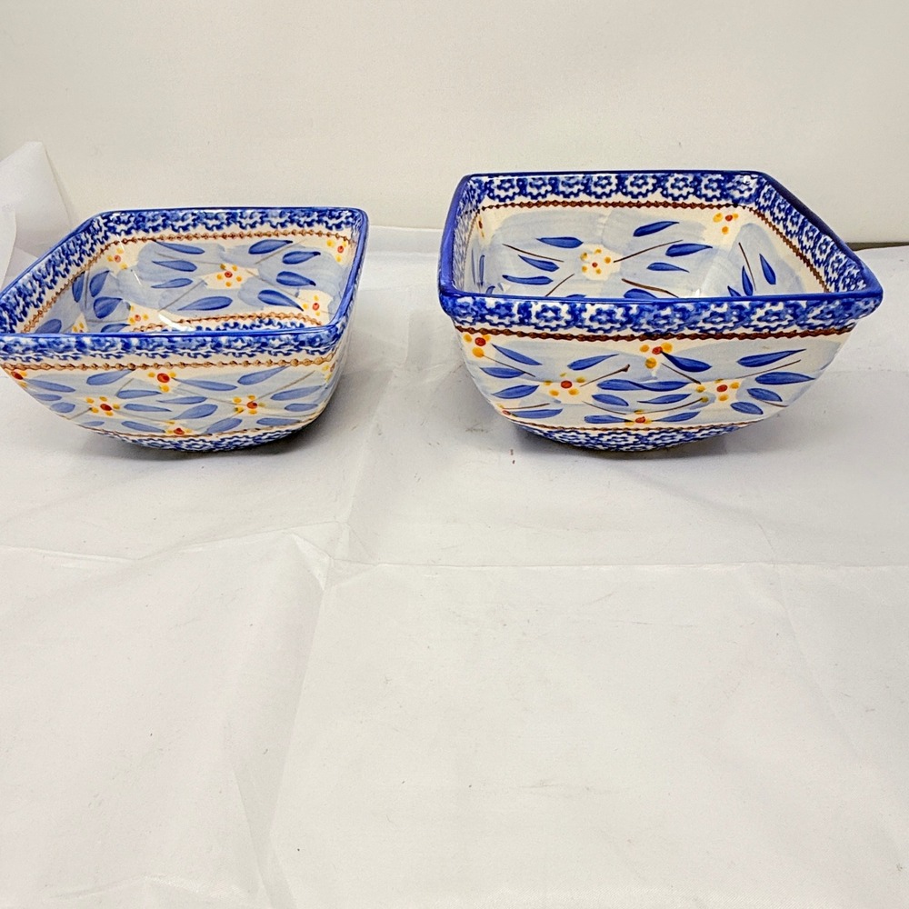Temp-tations Old World Blue Floral Square Ceramic Nesting Bowls 1.0 & 1.5 QT Set